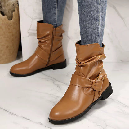 Round Toe Low Heel Boots - Brown - View 7