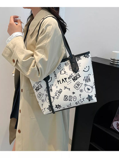 Graffiti Print Casual Tote Bag - Black - View 2