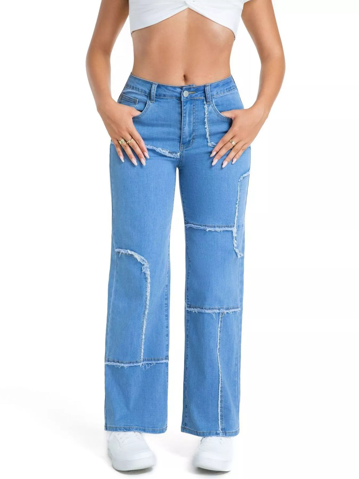 Frayed Edge Straight Leg Jeans - Light Blue - View 3