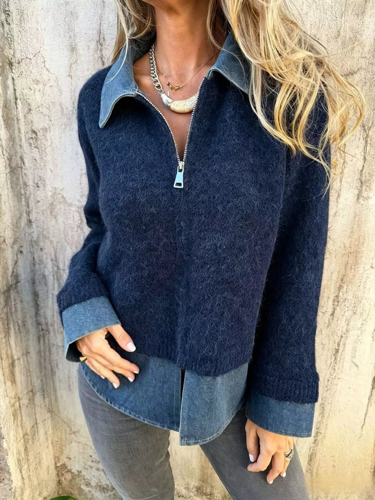 Contrast Denim Collar Half-Zip Knit Sweater - Navy - View 1