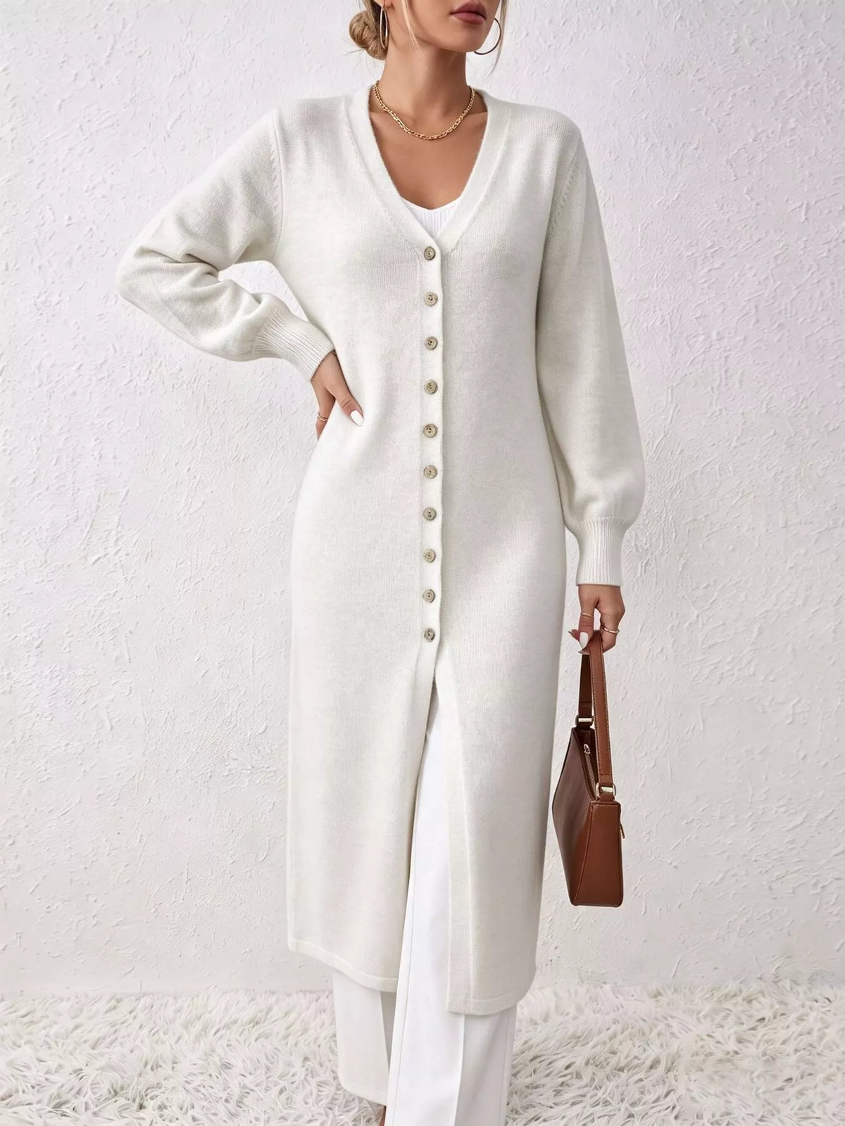 Button Front Long Sleeve Sweater Dress - White - View 1