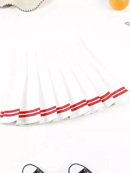 Pleated Striped Skirt - White And Red - Striped With Built-in Shorts - View 3
