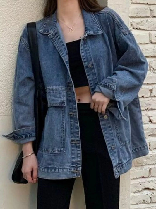 Oversized Wash Denim Jacket with Utility Pockets - Blue - View 1