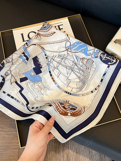 Nautical Print Silk Square Scarf - Ivory - View 2