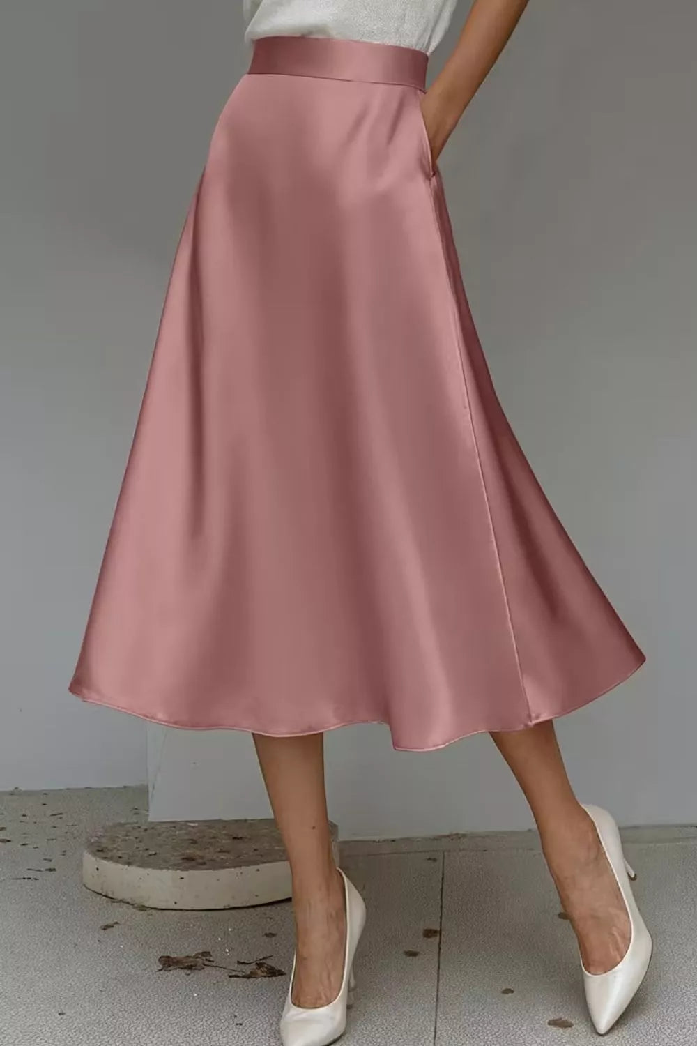 Satin A-Line Midi Skirt - Dusty Pink - View 20