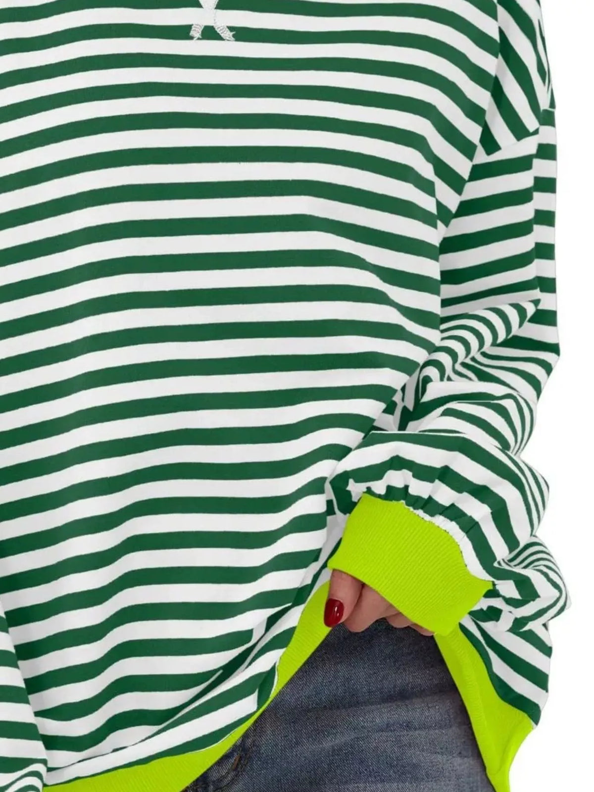 Striped Contrast Trim Oversized Sweatshirt - Light Green - View 2