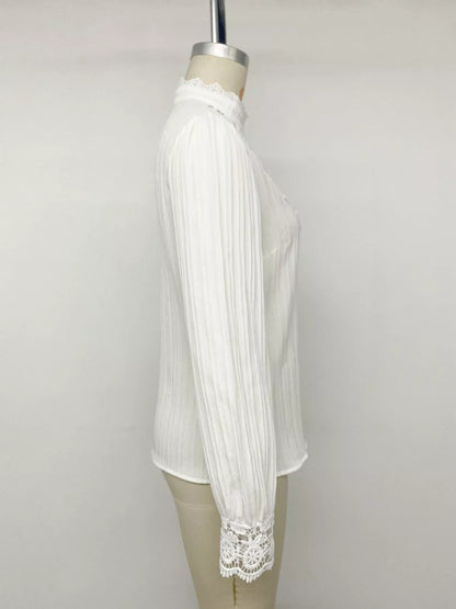 Lace Detail Long Sleeve Shirt - White - View 12