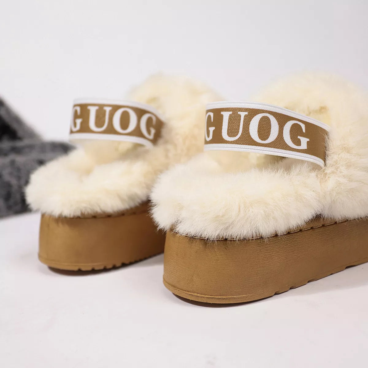 Round Toe Fur Trim Platform Slippers - Caramel - View 12
