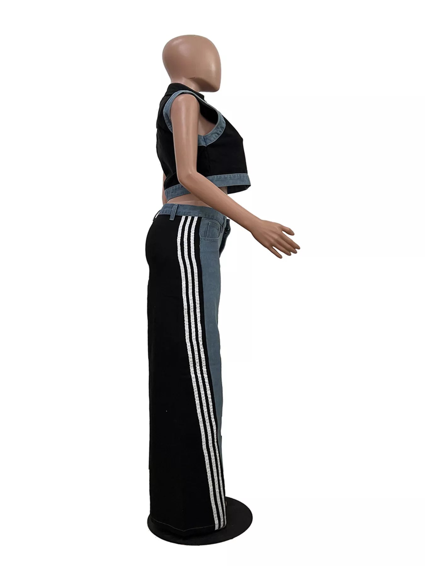 Zip Front Crop Top and Striped Pants Set - Black - Side Mannequin View
