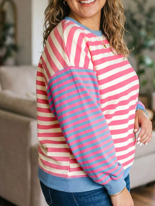 Plus Size Color Block Striped Crewneck Long Sleeve Shift Tunic Sweatshirt - Blush Pink - View 2