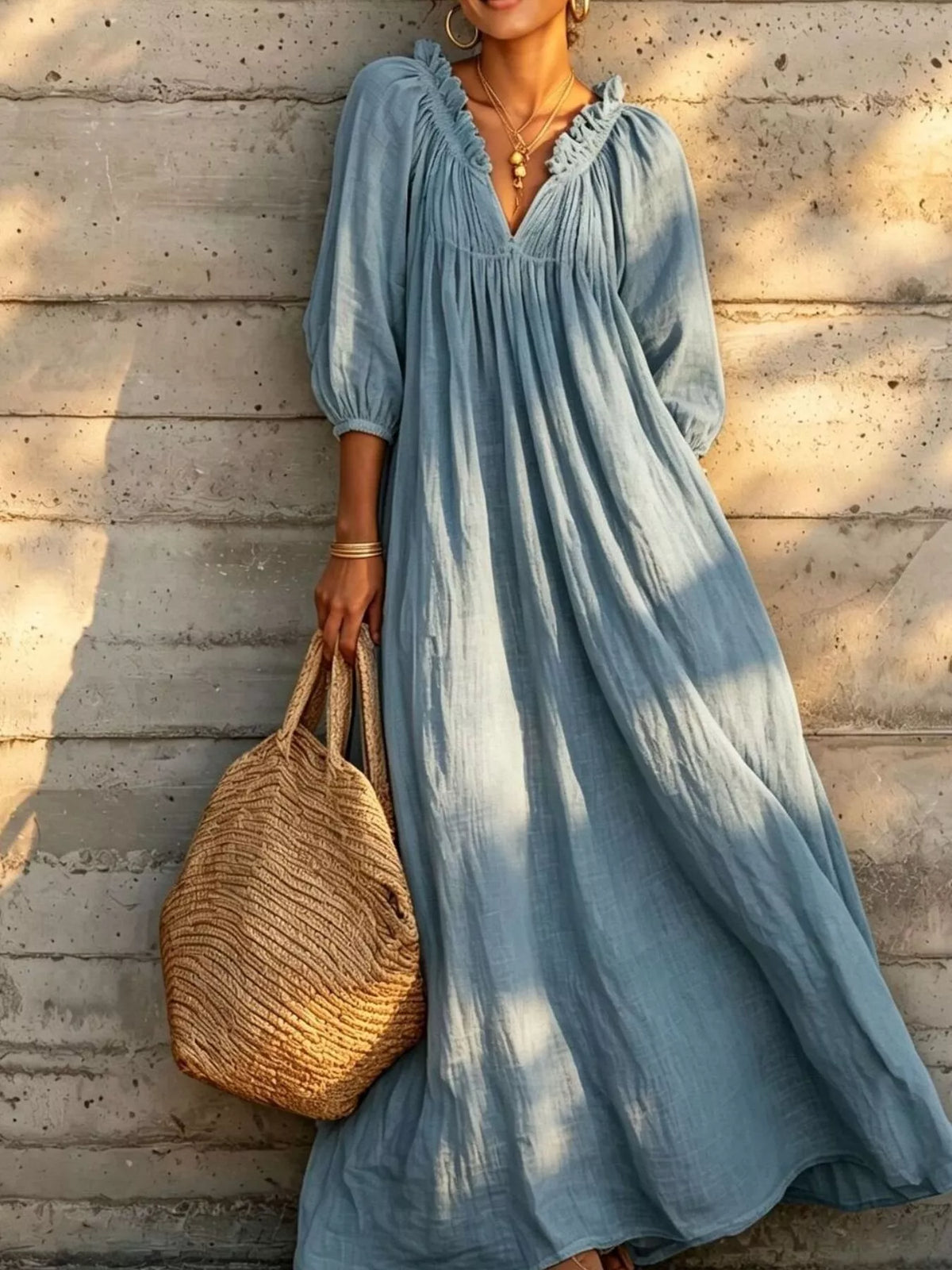 Tiered Notched 3/4 Sleeve Maxi Dress - Light Blue - View 2