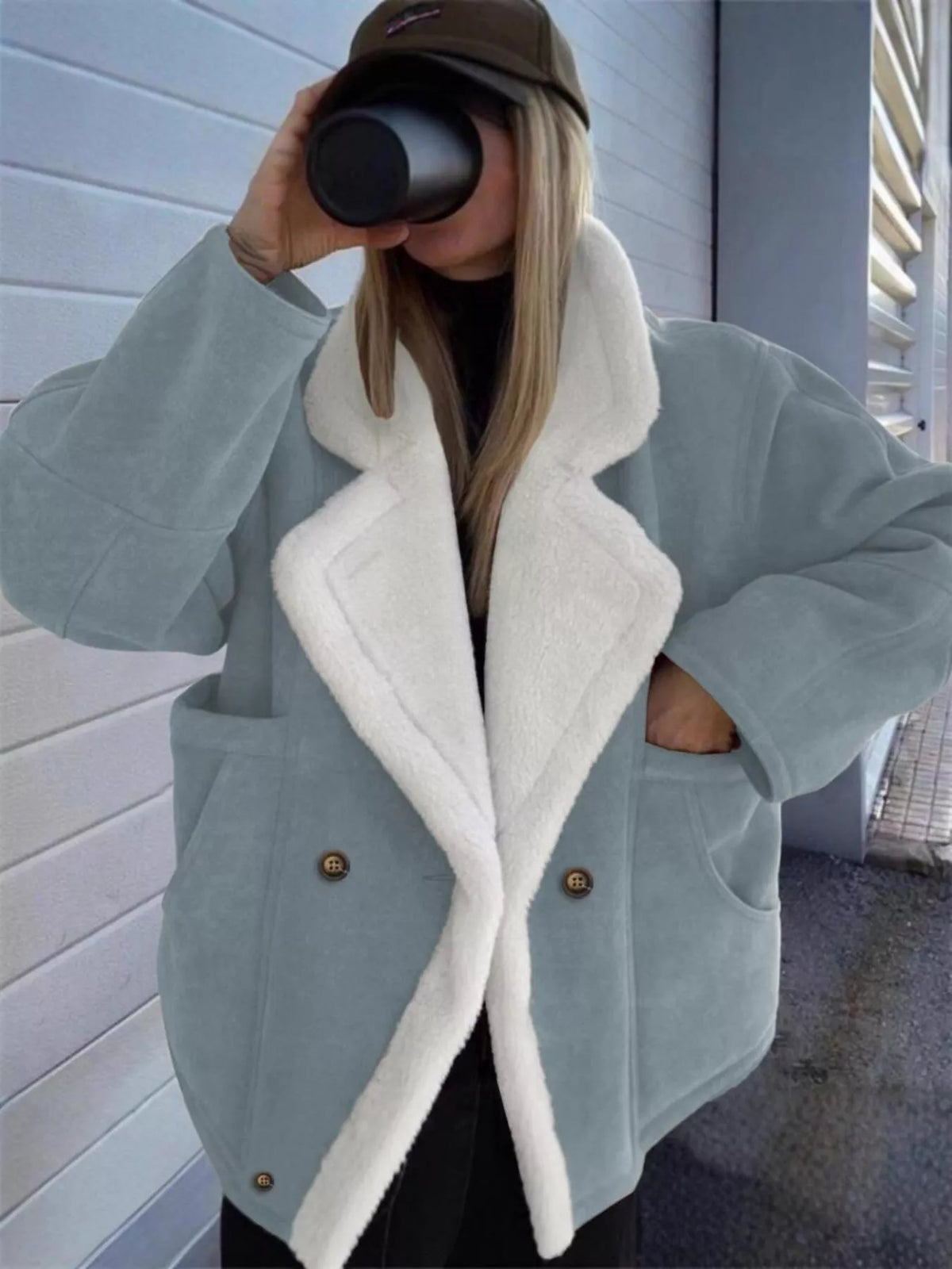 Plush Lined Dropped Shoulder Outerwear - Sage - View 1
