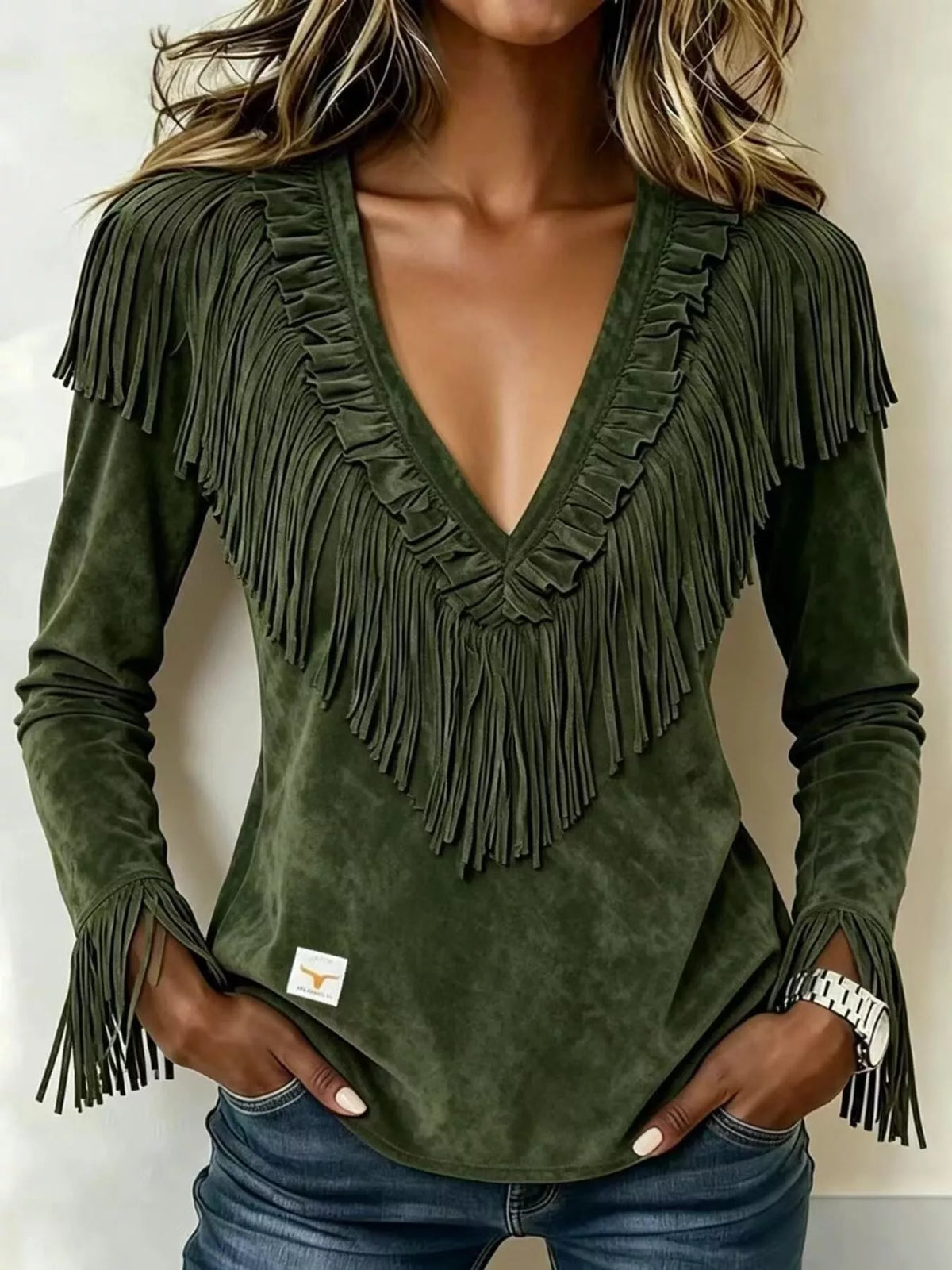 Fringed V-Neck Blouse - Army Green - View 1