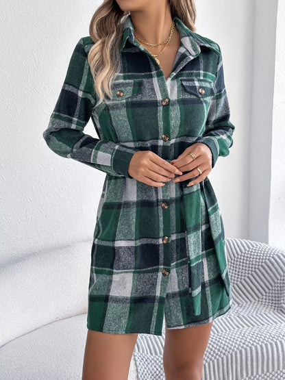 Plaid Button Front Tie Waist Shirt Dress - Green - View 6