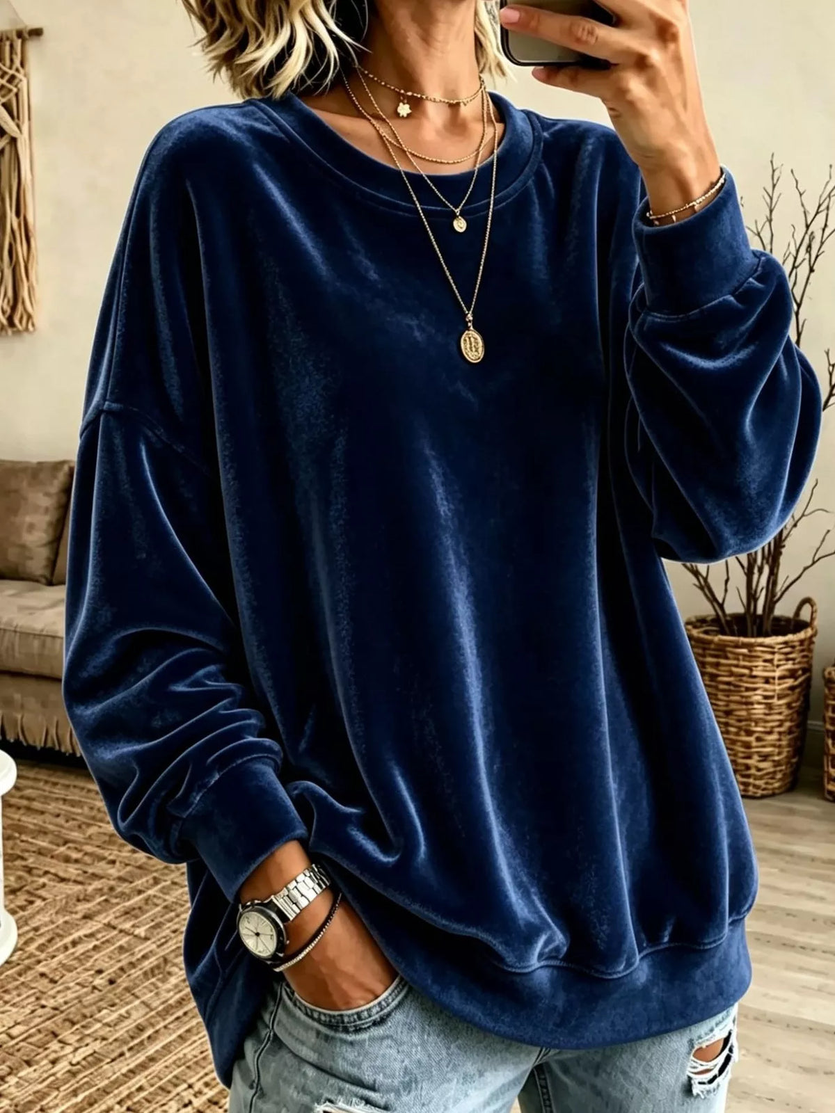 Full Size Solid Color Crew Neck Sweatshirt Plus Size - Navy - View 5