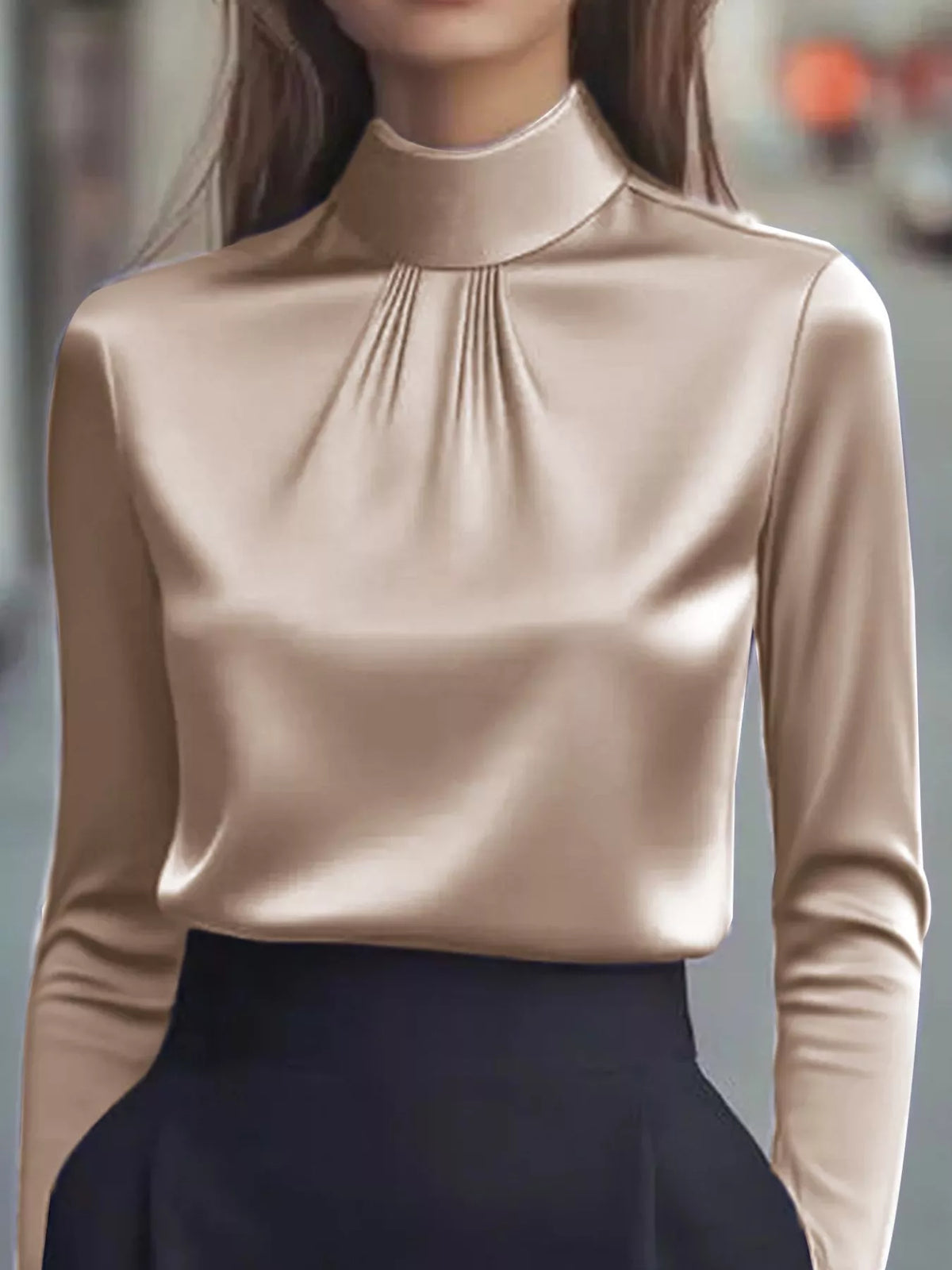 Mock Neck Long Sleeve Blouse with Pleated Detail - Khaki - View 4