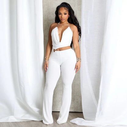 Hanging neck and exposed waist slim fit jumpsuit