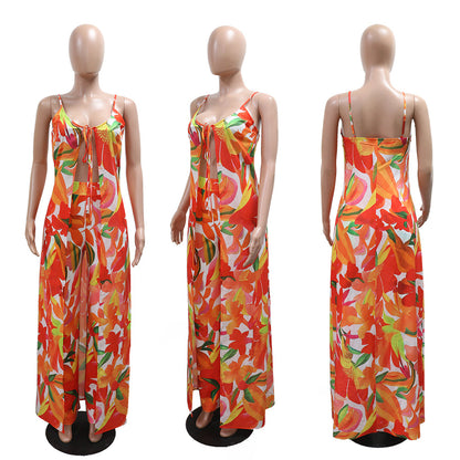 Sexy Strapless Tie-Back Top with Slim Fit Wide-Leg Pants Fashion Two-Piece Set for Women