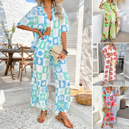 Casual Bohemian color blocking printed wide leg pants set for women