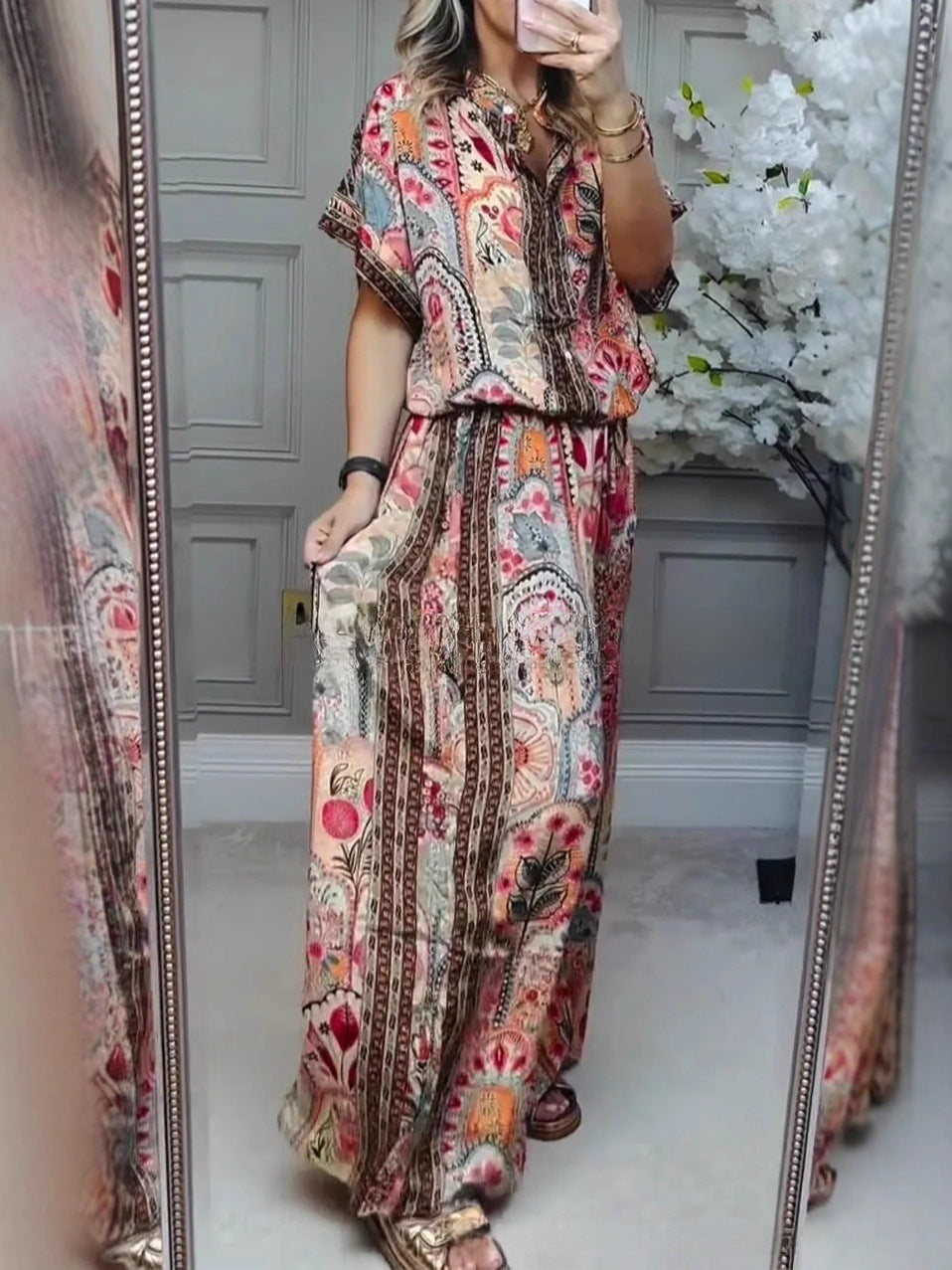 Fashionable Summer Casual Printed Round Neck Cardigan Top with Wide Leg Pants Two-Piece Set