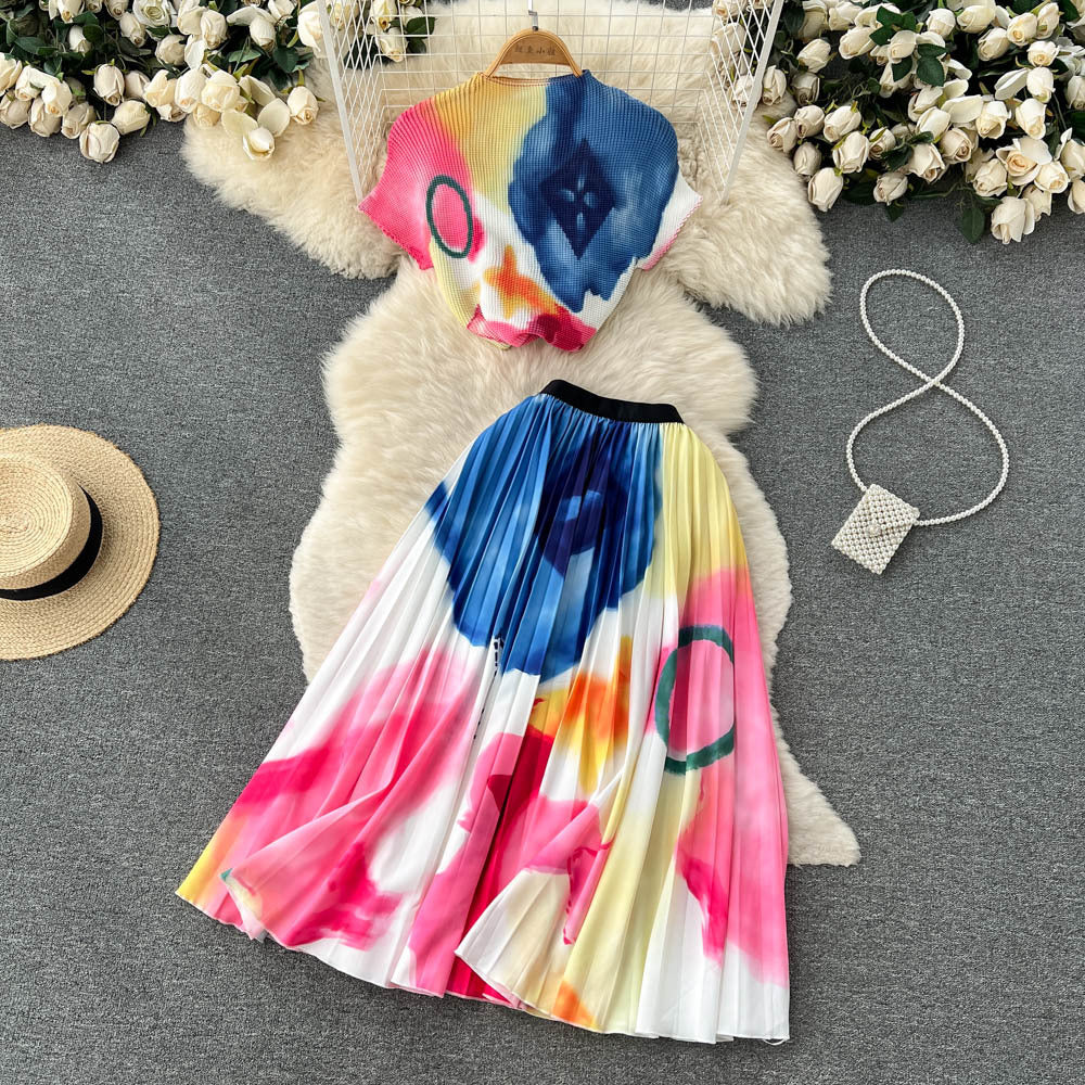 Girls Wearing Summer Tie-Dye Short T-Shirt Tops High Waist Pleated Skirt 2 Piece Set