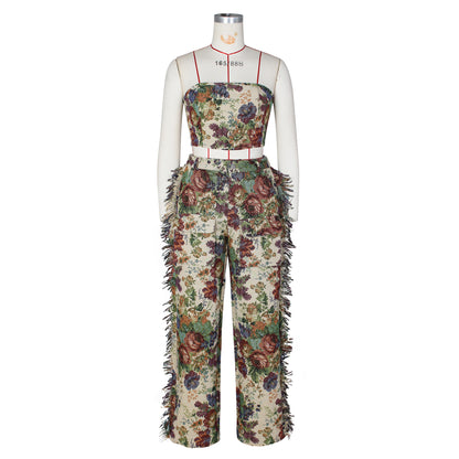 Women's sexy lace up, chest wrapped tassel pants, women's jacquard fashion suit