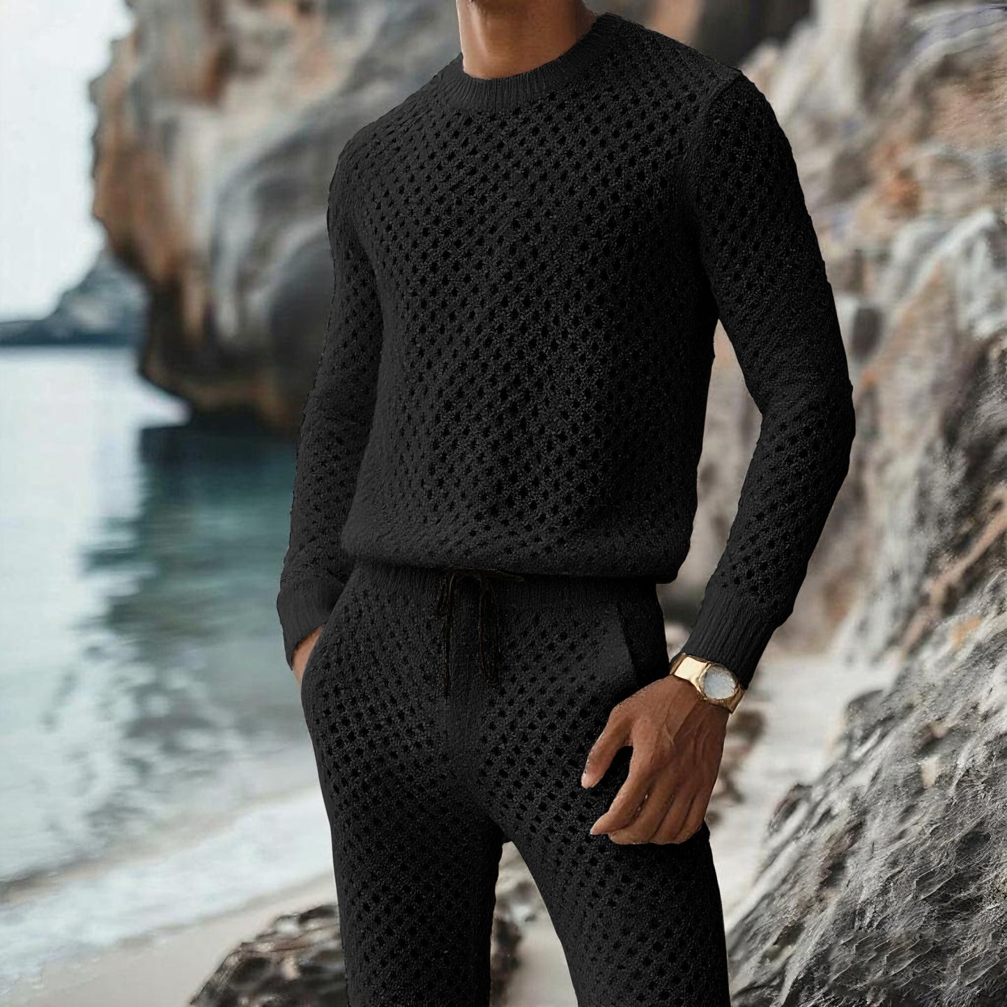 Summer New Casual Vertical Stripe Knitted Suit-Fit Slim Fit Turn-Down Collar Short Sleeve Button-Up Shirt Shorts Men's Summer Wear