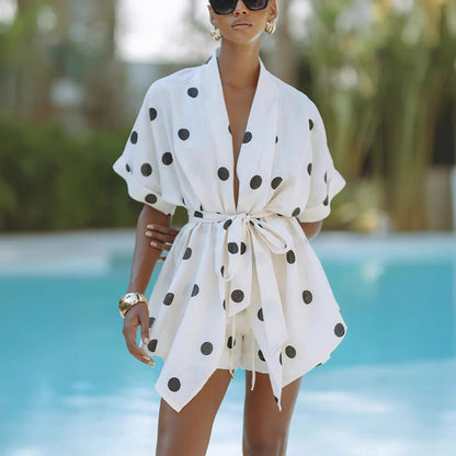 Bohemian Dot Linen Printed Short Pants Set Women's Loose Two-Piece Suit for Spring and Summer Vacation