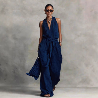 Long Sleeve Women's Jumpsuit with Belted Design Casual V-Neck Sleeveless Jumpsuit