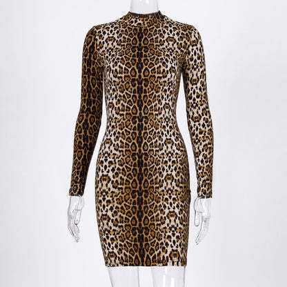 Hugcitar leopard print long sleeve slim bodycon sexy dress autumn winter women streetwear party festival dresses outfits