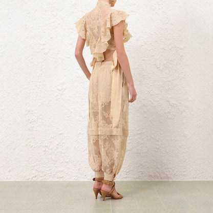 Sleeveless lace up pants casual loose party two-piece set for women