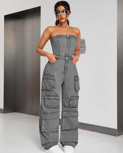 Women's Denim Jumpsuit Fashion Crop Top Multi-Pocket Utility Pants