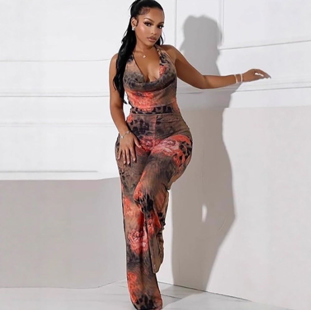 Leopard Print Floral Placement Print Halter Bodysuit for Women