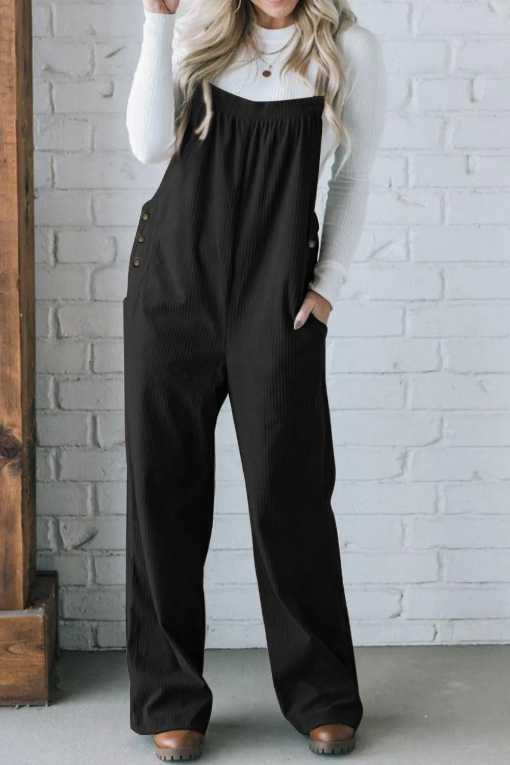 Square Neck Wide Strap Overalls - Black - View 7