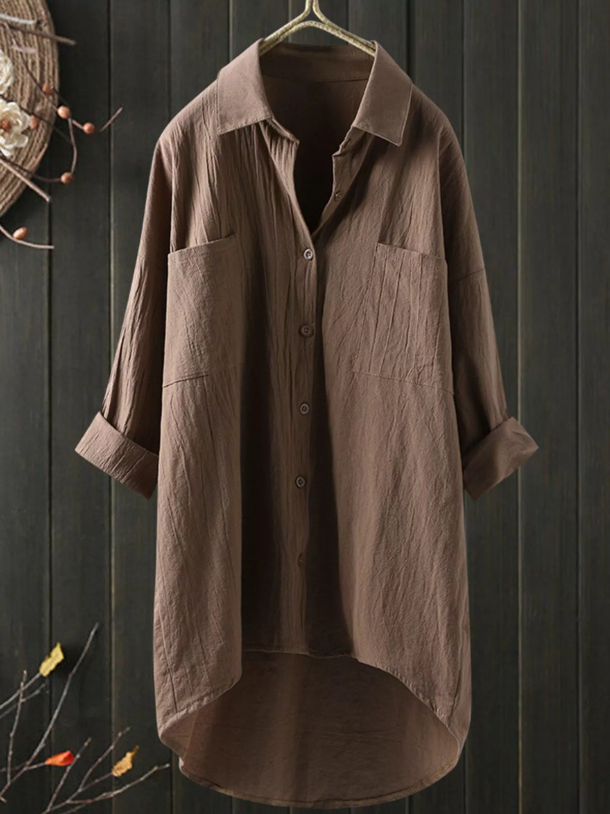 Full Size Casual Button-Down Shirt with Dual Chest Pockets Plus Size - Khaki - View 12