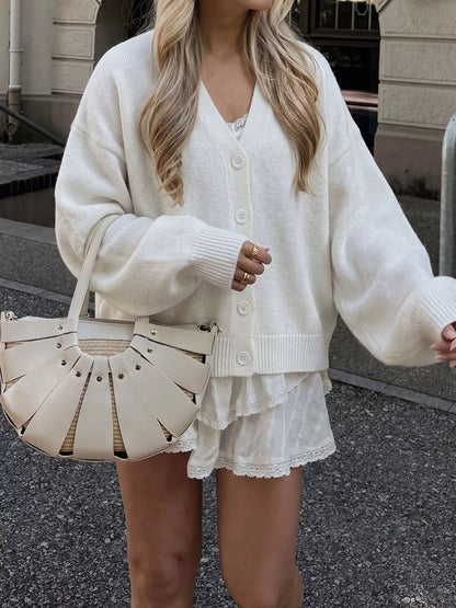 V-Neck Button-Down Knit Cardigan - White - View 2