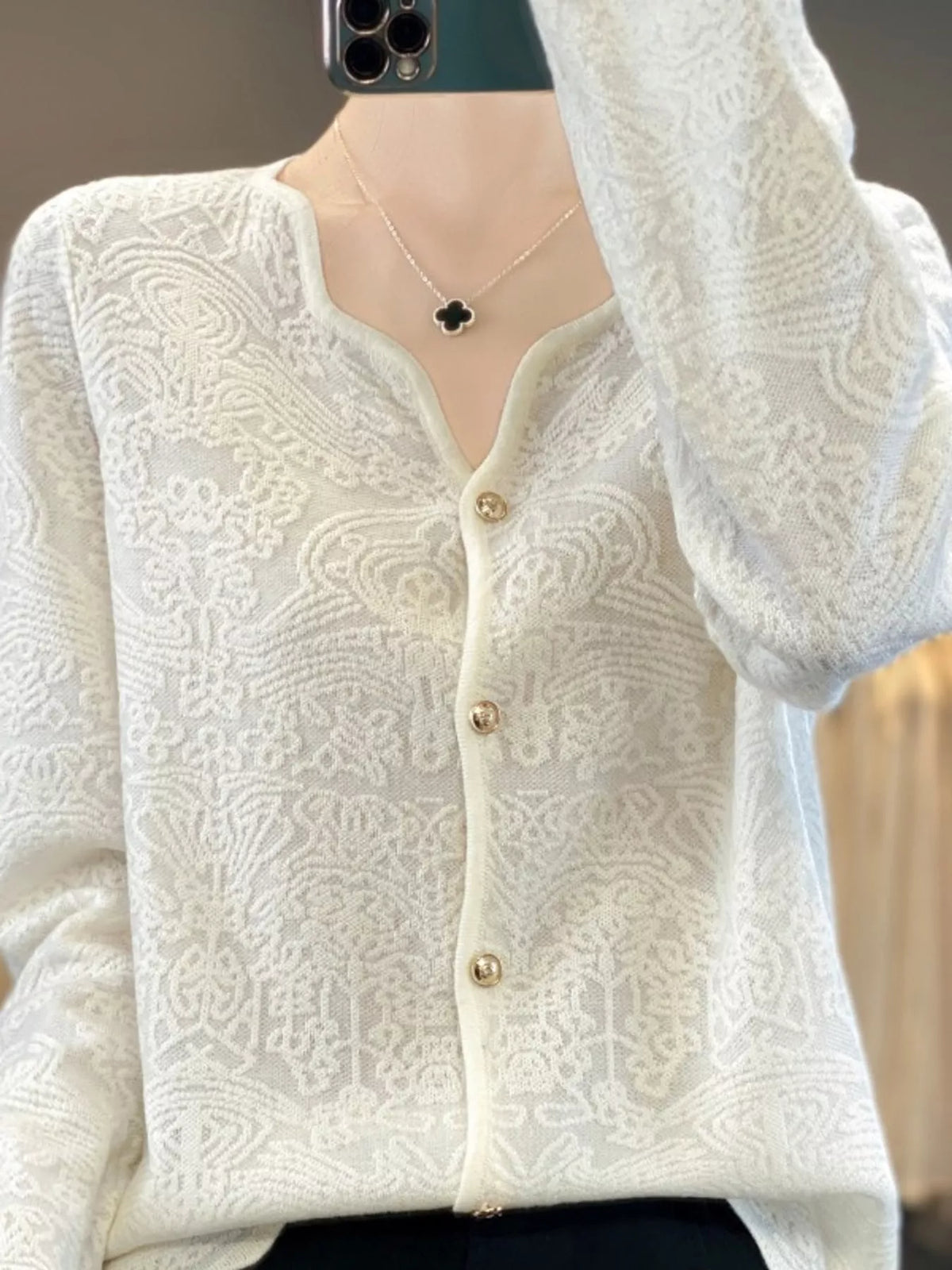 Lace V-Neck Cardigan - Apricot Beige - View 3