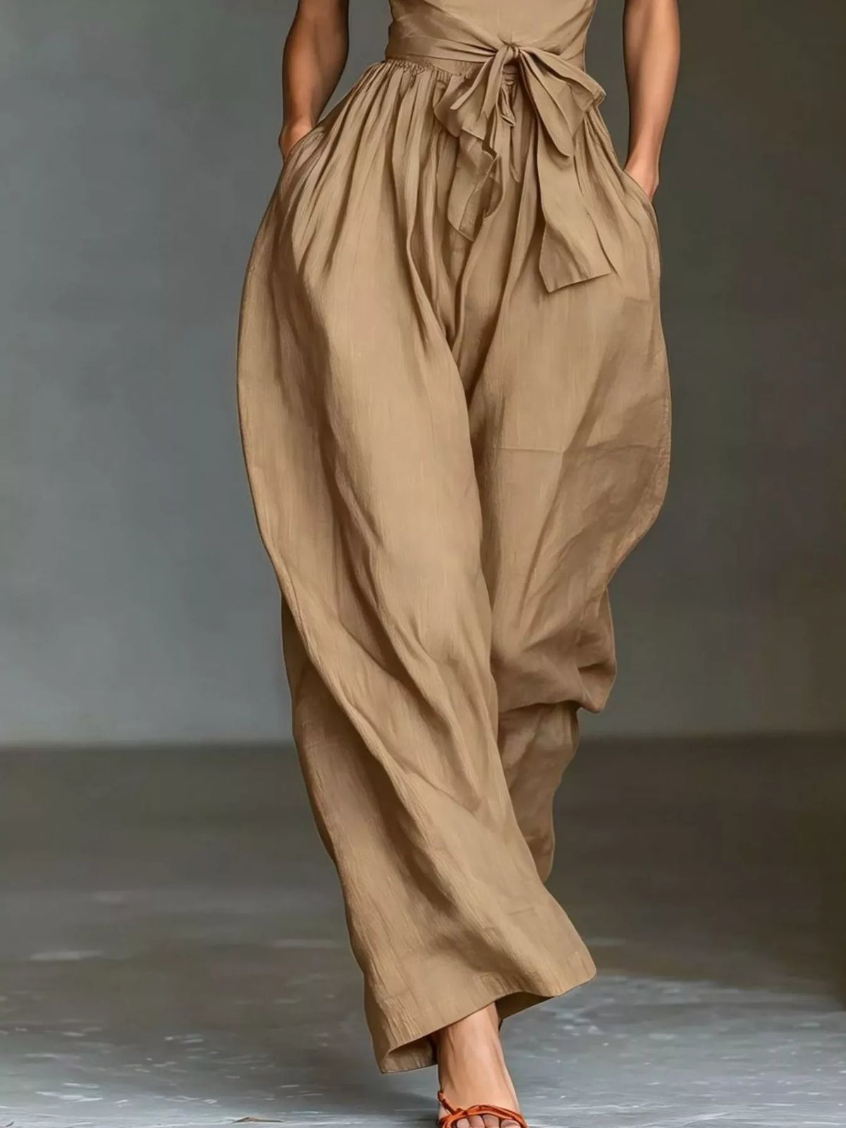 Halter Neck Wide-Leg Jumpsuit with Waist-Tie Detail - Khaki - View 3