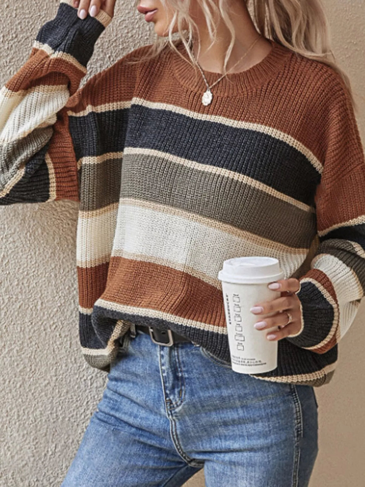 Color Block Striped Crew Neck Sweater - Dark Brown - View 2