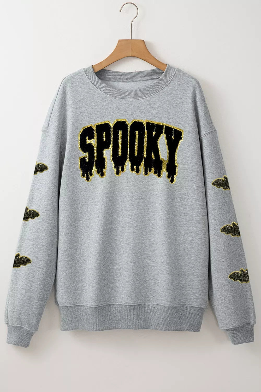 Sequin SPOOKY Halloween Bat Embellished Sleeve Pullover Sweatshirt - Gray - View 8