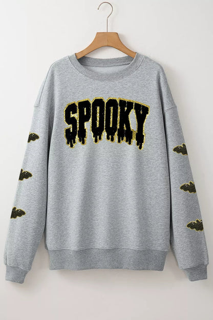 Sequin SPOOKY Halloween Bat Embellished Sleeve Pullover Sweatshirt - Gray - View 8
