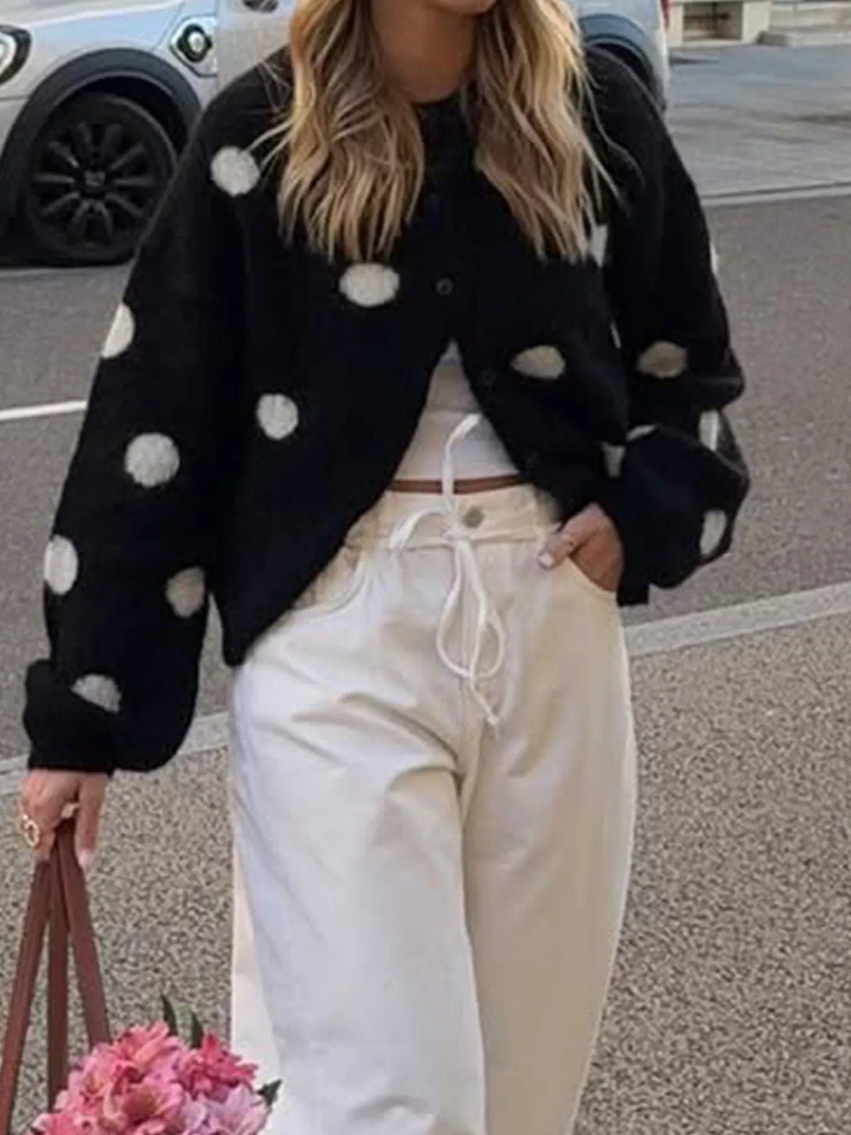 Polka Dot Fuzzy Knit Button-Up Cardigan - Black - View 4