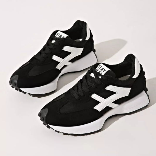 Round Toe Lace Up Sneakers - Black - View 1