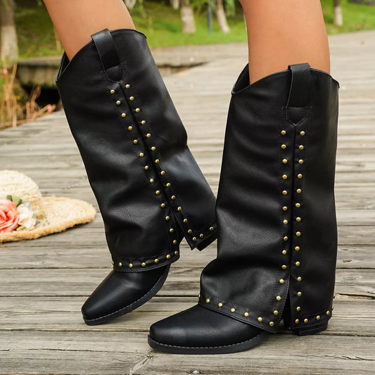 Western Studded Mid-Calf Boots - Black - View 2