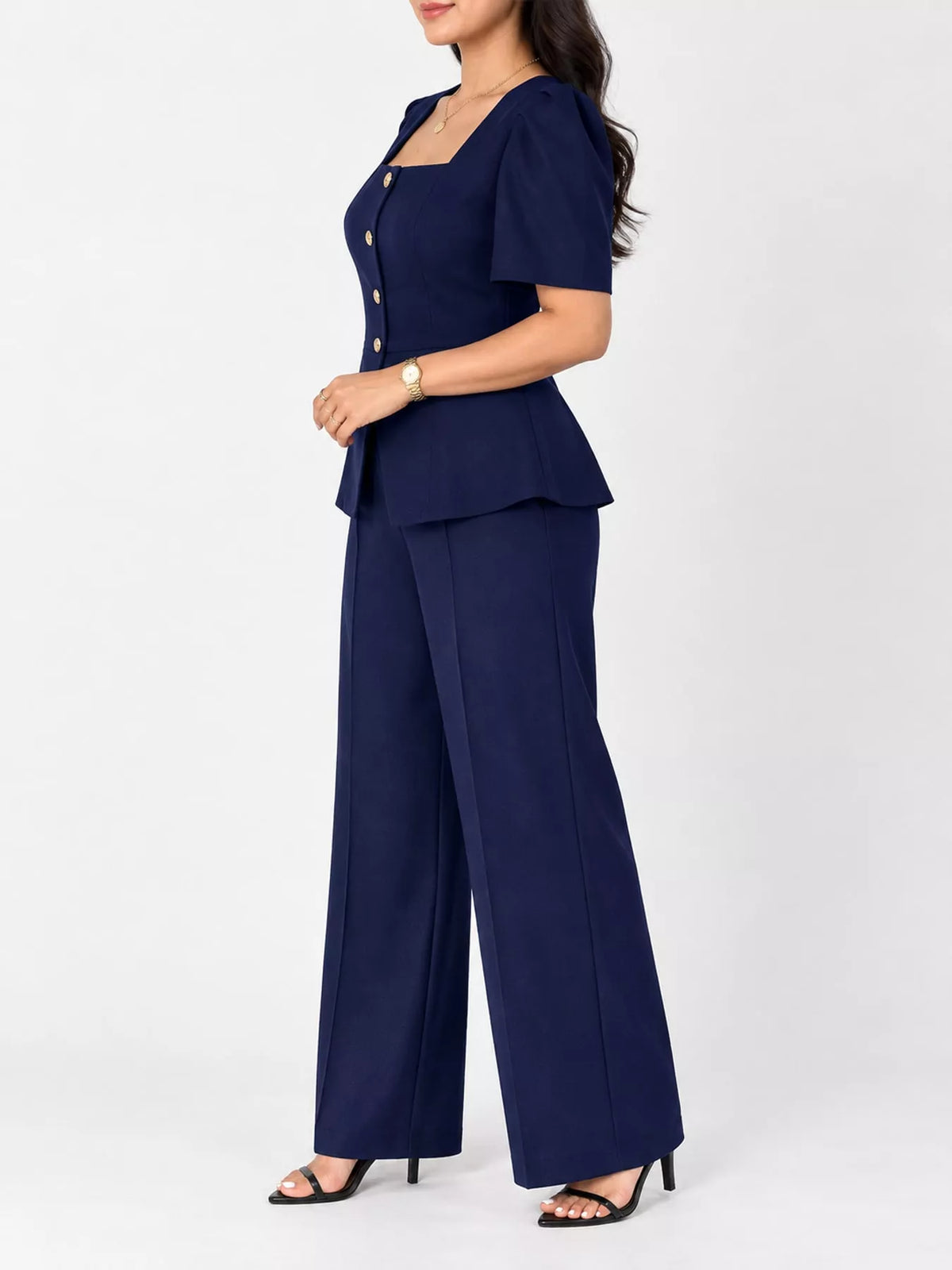 Plus Size Peplum Top and Wide-Leg Pants Two-Piece Set - Navy - View 11