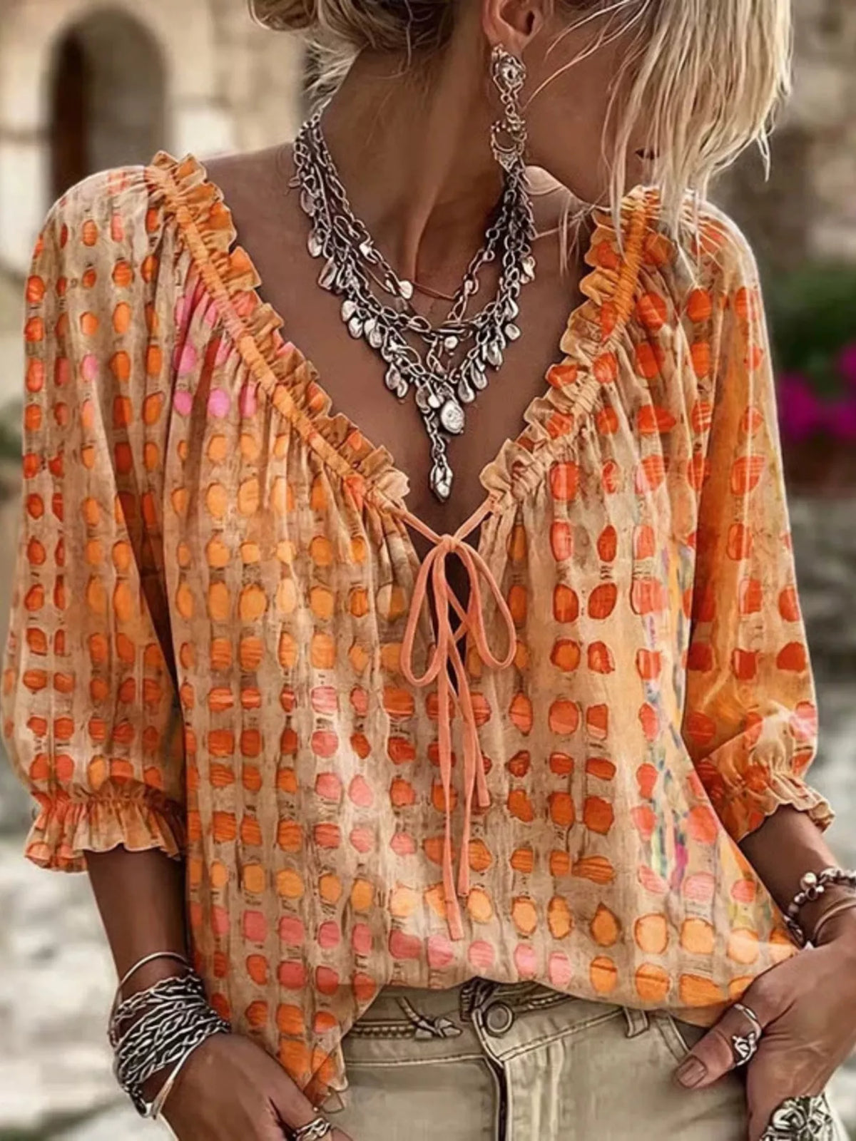 Full Size Tie Neck 3/4 Sleeve Blouse Plus Size - Sherbet - View 13