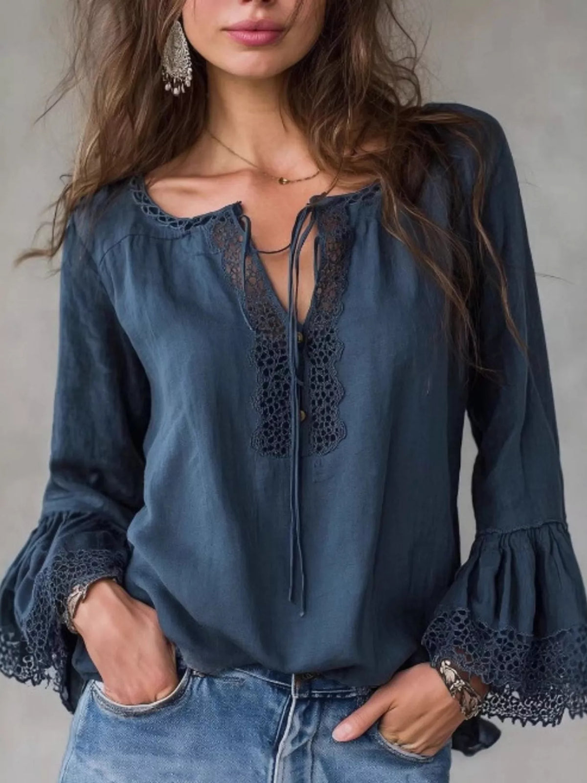 Full Size Tie Neck Flounce Sleeve Blouse Plus Size - Sea Blue - View 1