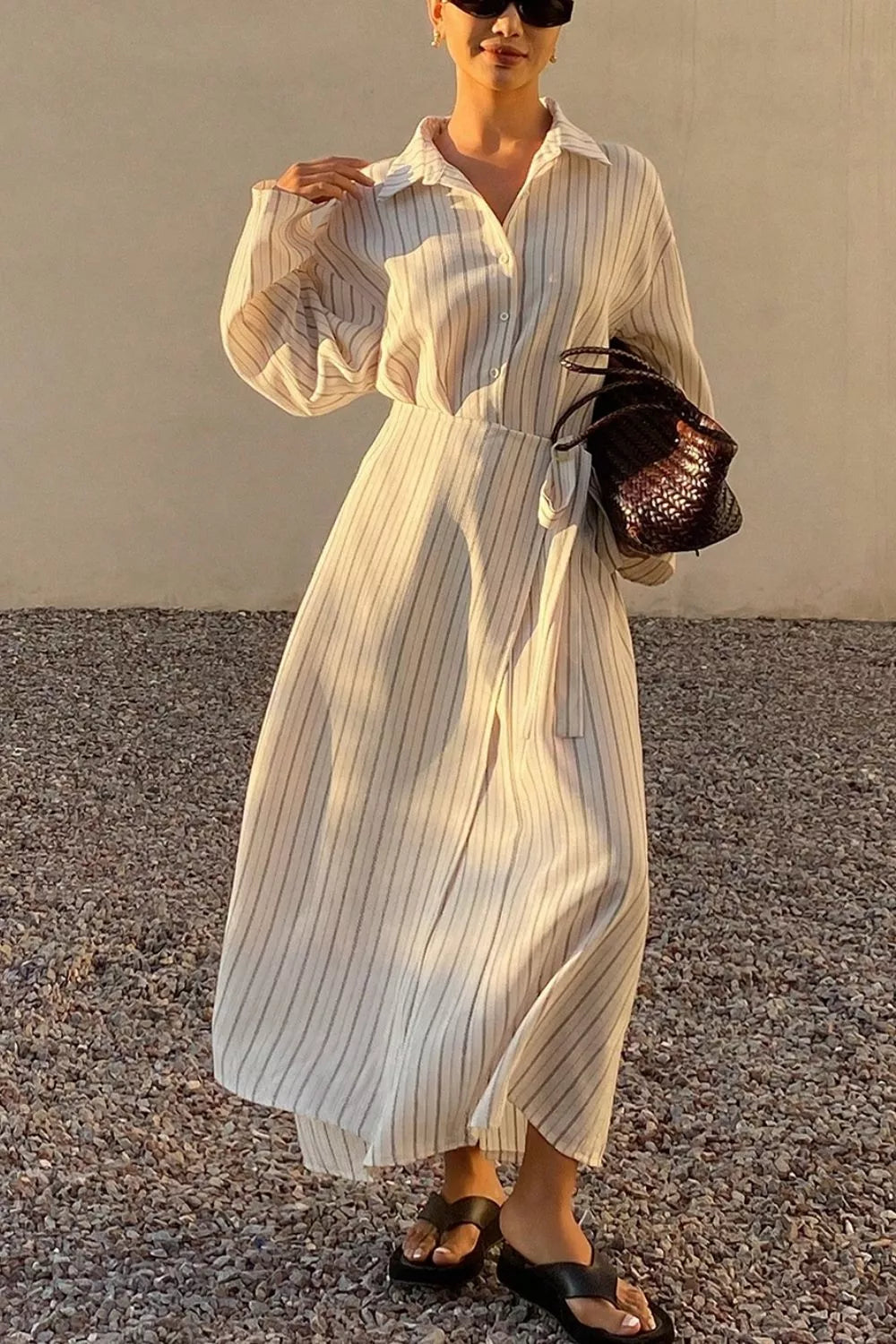 Striped Button-Down Shirt Dress with Waist Tie - White - View 1