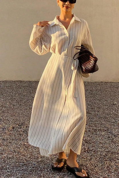 Striped Button-Down Shirt Dress with Waist Tie - White - View 1