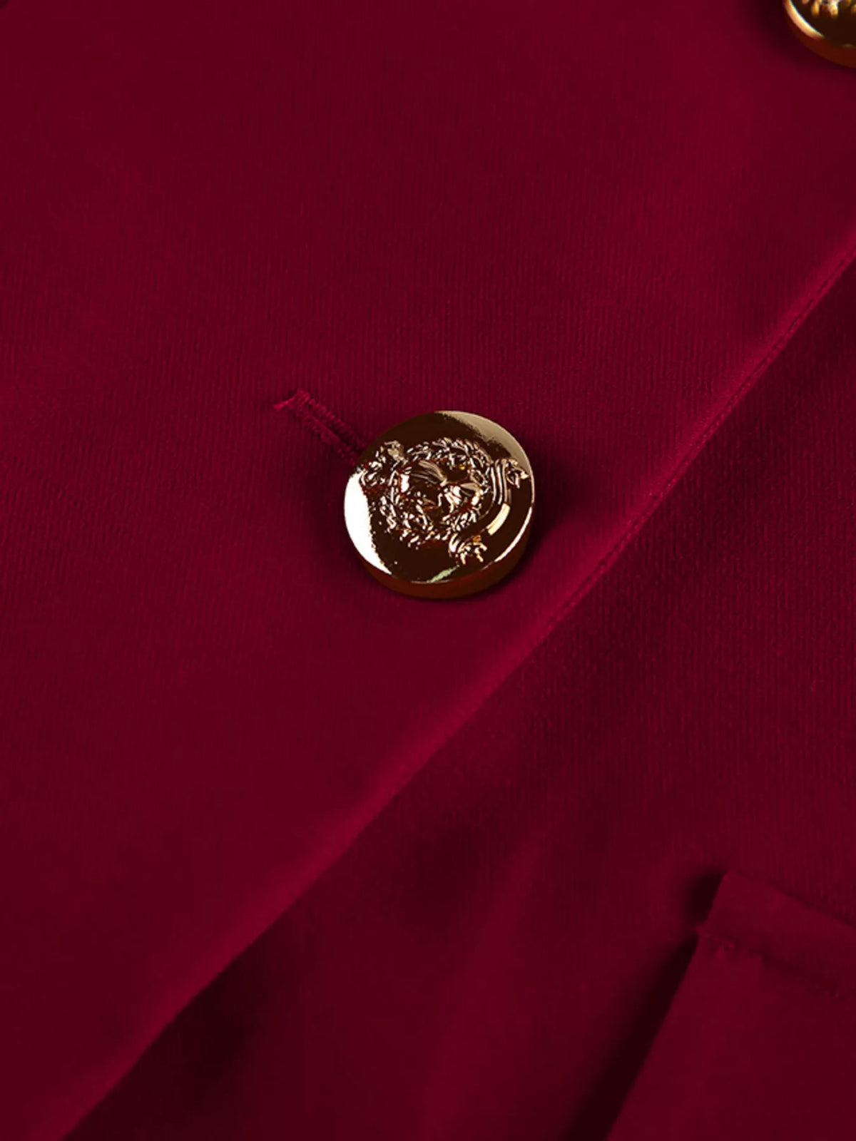 Single-Breasted Blazer and Wide-Leg Pants Set - Burgundy - View 12